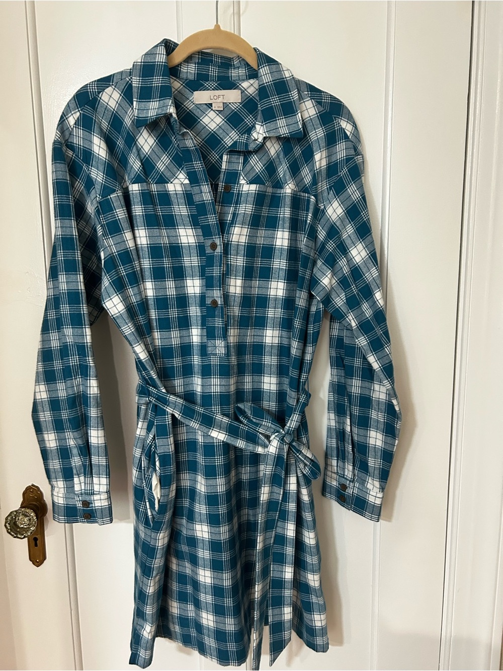 LOFT Teal and White Plaid Long-Sleeve Shirt Dress with Self-Tie Waist